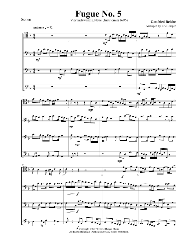 Fugue No. 5 for Trombone or Low Brass Quartet (arr. Eric Burger Music)