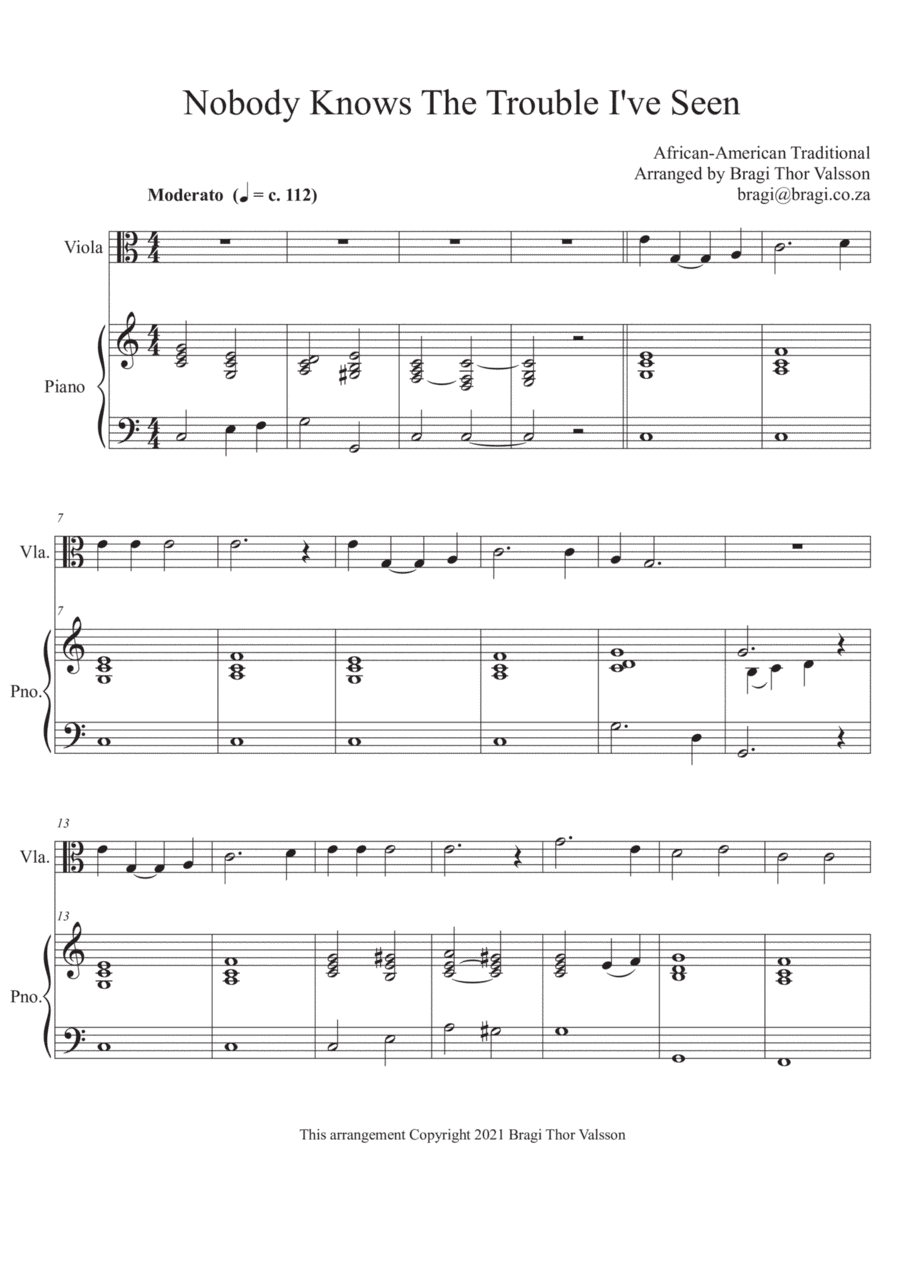 Nobody Knows The Trouble I've Seen - Viola with Piano accompaniment (arr. Bragi Thor Valsson)
