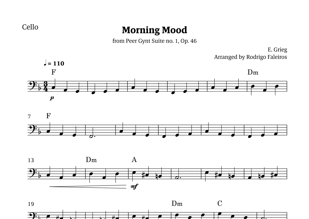Morning Mood (solo cello - level 2 - with chords) (arr. Rodrigo Faleiros)