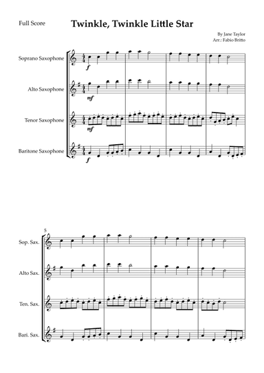 Twinkle, Twinkle Little Star for Saxophone Quartet (arr. Fabio Britto)