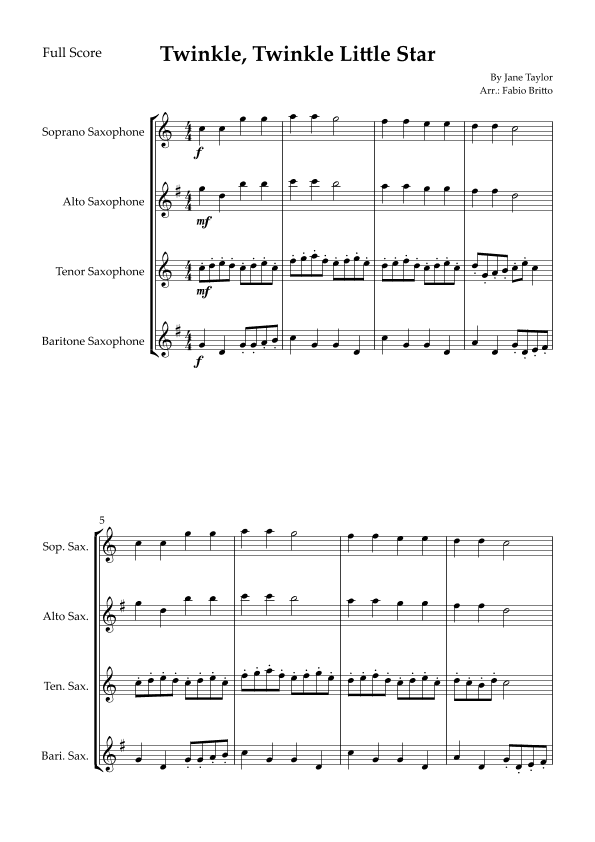 Twinkle, Twinkle Little Star for Saxophone Quartet (arr. Fabio Britto)