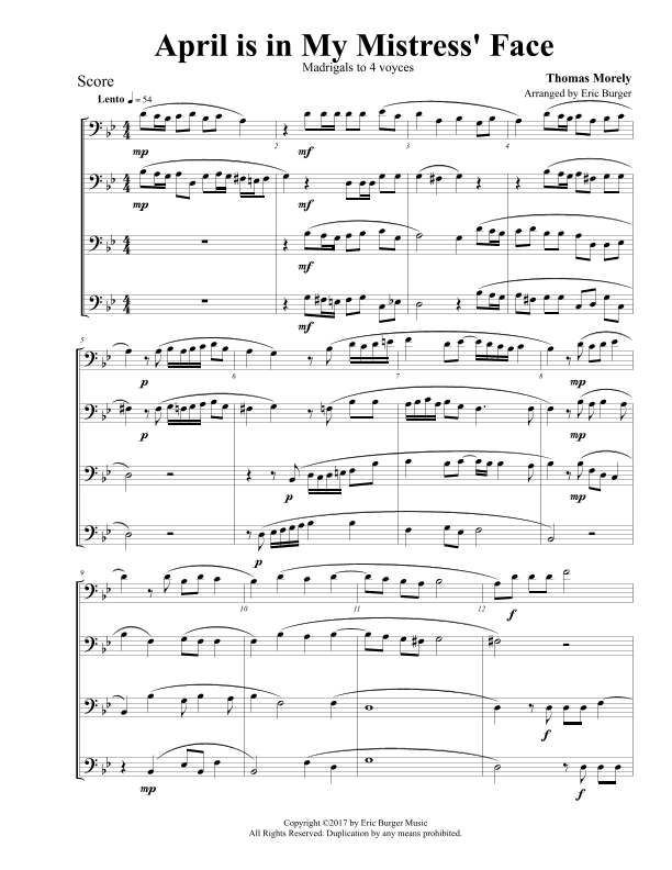 April is in My Mistress' Face for Trombone or Low Brass Quartet (arr. Eric Burger Music)