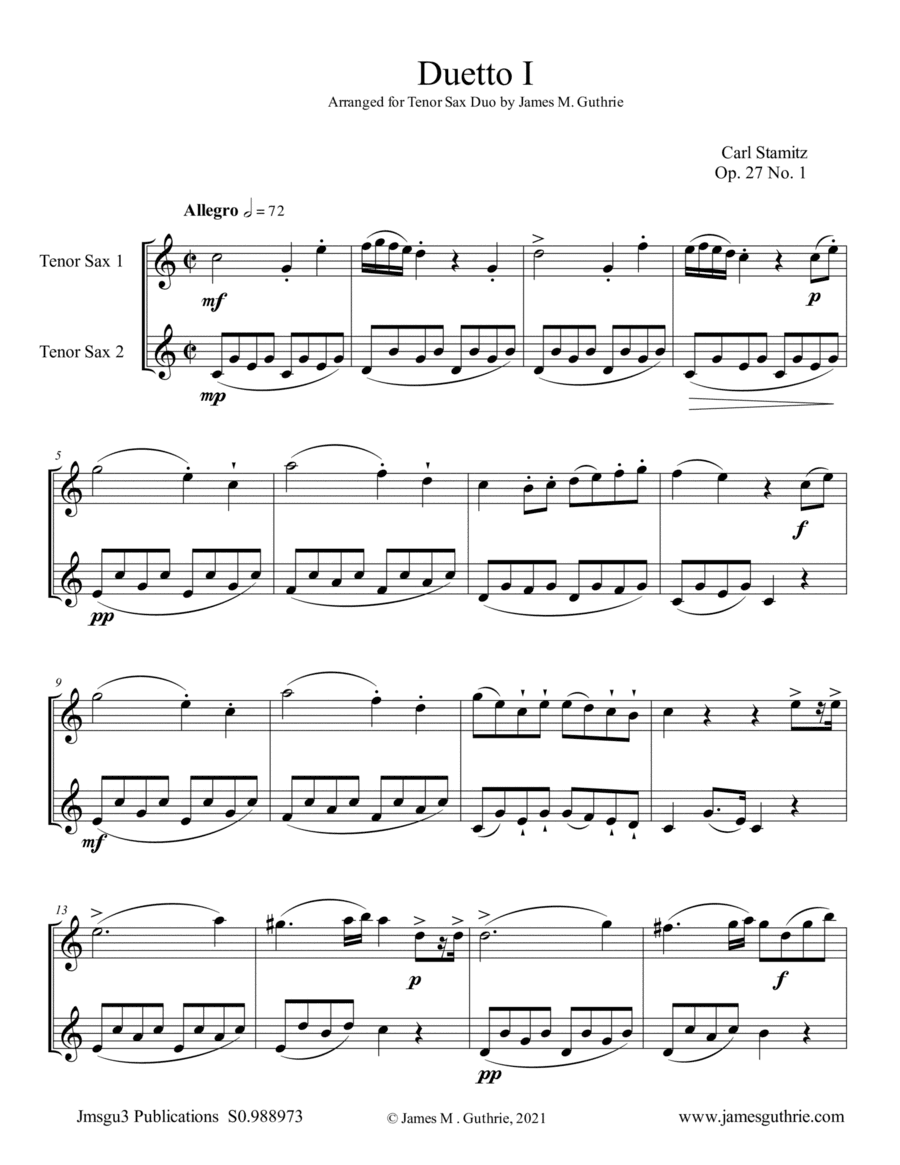 Stamitz: Six Duets Op. 27 Complete for Tenor Sax Duo (arr. James M. Guthrie)