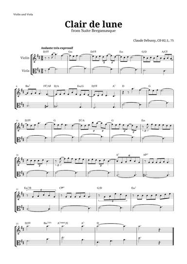 Clair de Lune by Debussy for Violin and Viola (arr. Langanho)