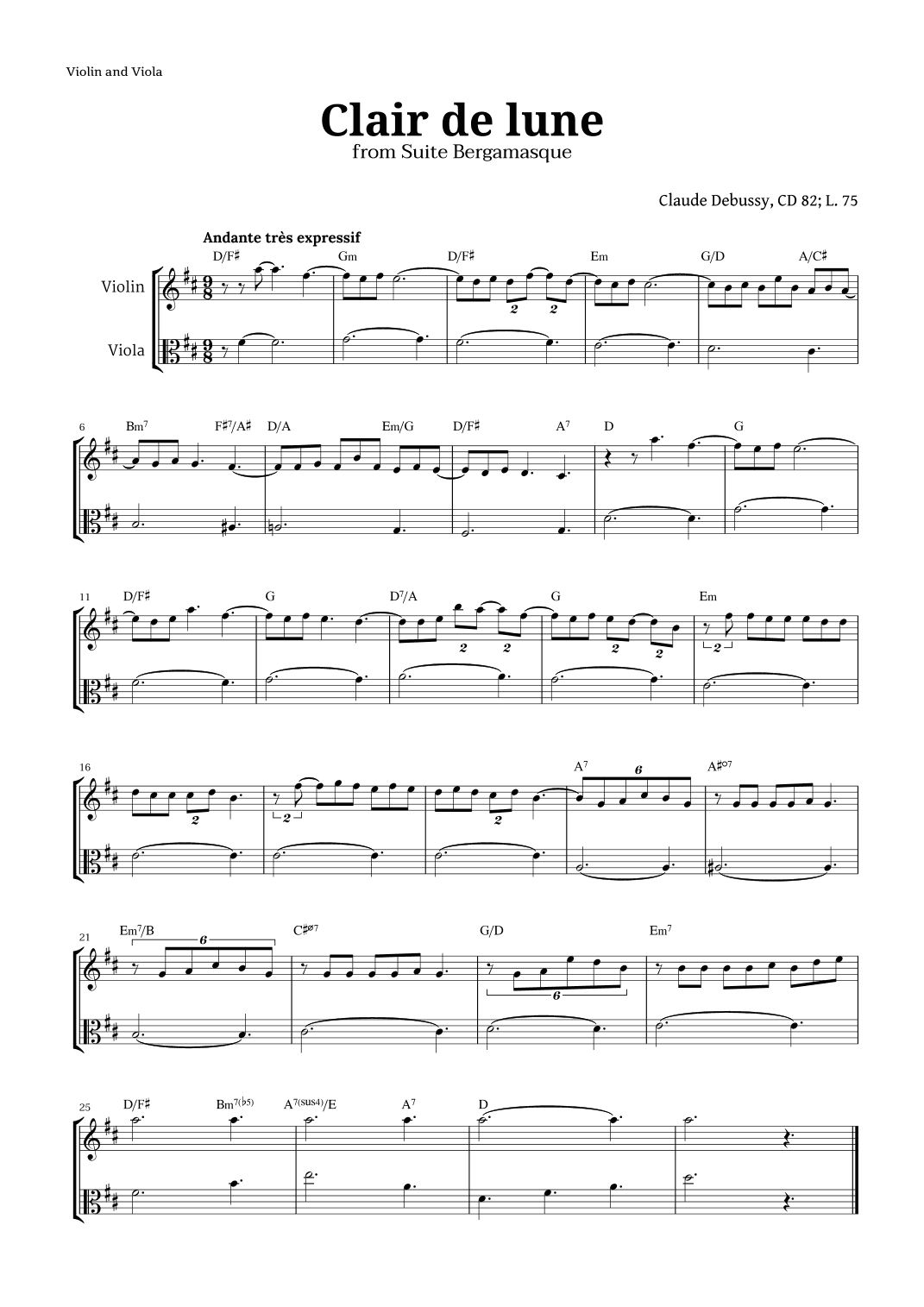 Clair de Lune by Debussy for Violin and Viola (arr. Langanho)