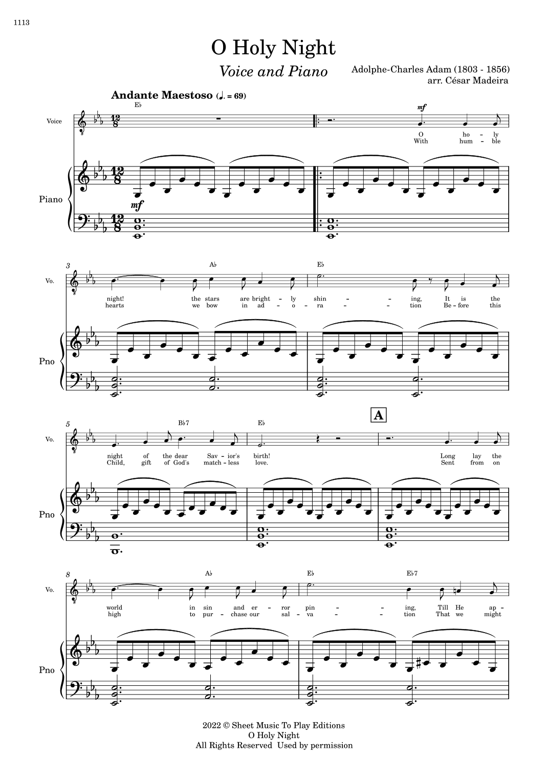 O Holy Night - Voice and Piano - Eb Major - W/Chords (Full Score and Parts) (arr. César Madeira)