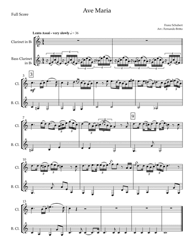 Ave Maria (Franz Schubert) for Clarinet in Bb & Bass Clarinet in Bb Duo (arr. Fernando Britto)