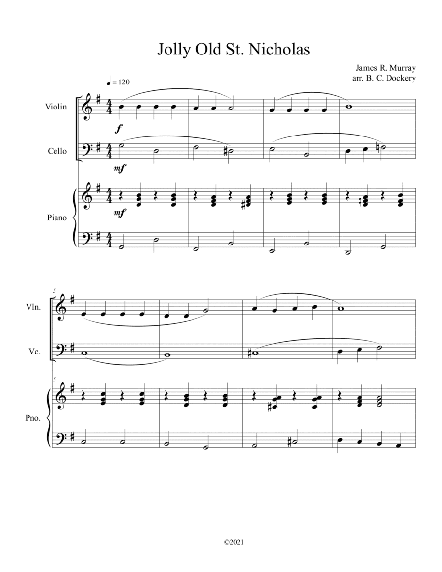 Jolly Old St. Nicholas (Violin and Cello Duet with Piano Accompaniment) (arr. B. C. Dockery)