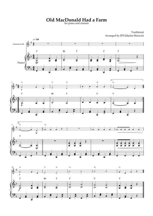 Old MacDonald Had A Farm for piano and clarinet (arr. JPS Edições Musicais)