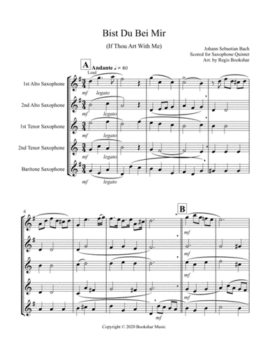 Bist Du Bei Mir (Saxophone Quintet - 2 Alto, 2 Tenor, 1 Bari) (arr. Regis Bookshar)