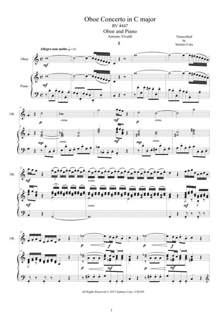 Vivaldi - Oboe Concerto in C major RV 447 for Oboe and Piano - Score and Oboe part (arr. Santino Cara)