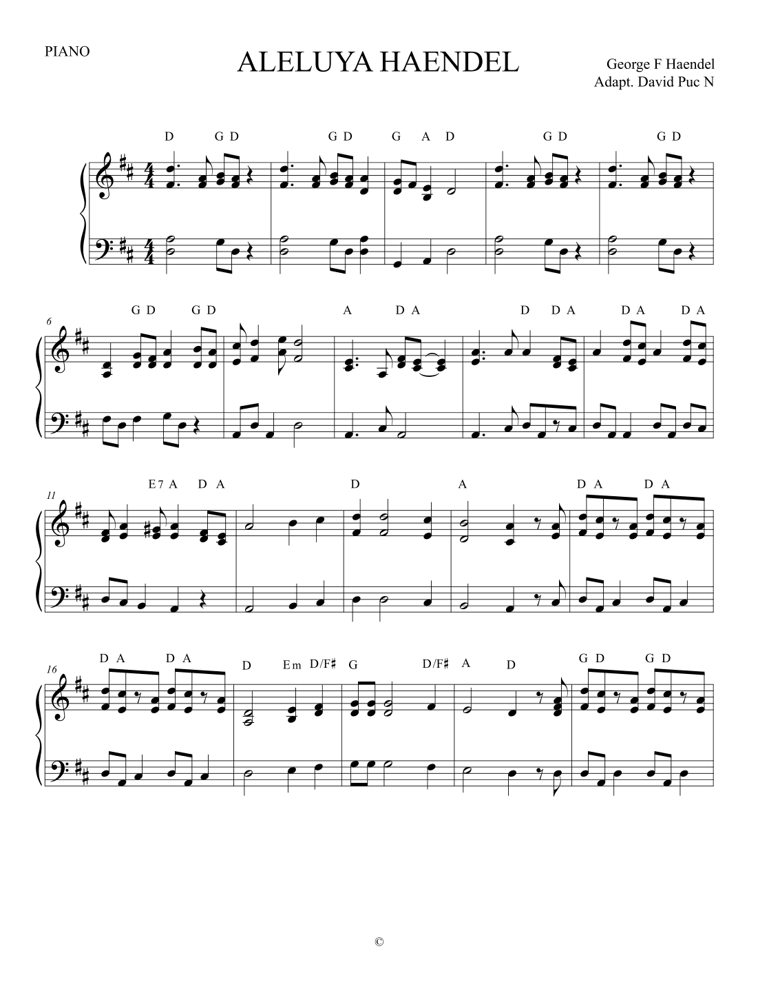 HALLELUJAH HAENDEL PIANO -  BEGINNER/INTERMEDIATE (arr. David Puc N)