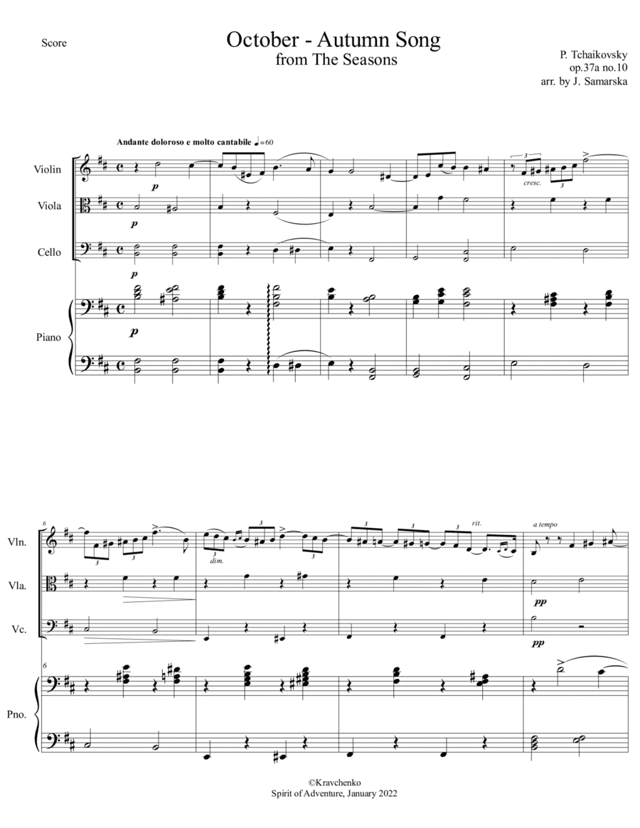 Pyotr Ilyich Tchaikovsky - 'The Seasons': October: Autumn Song arr. for piano quartet (arr. Julia Samarska)