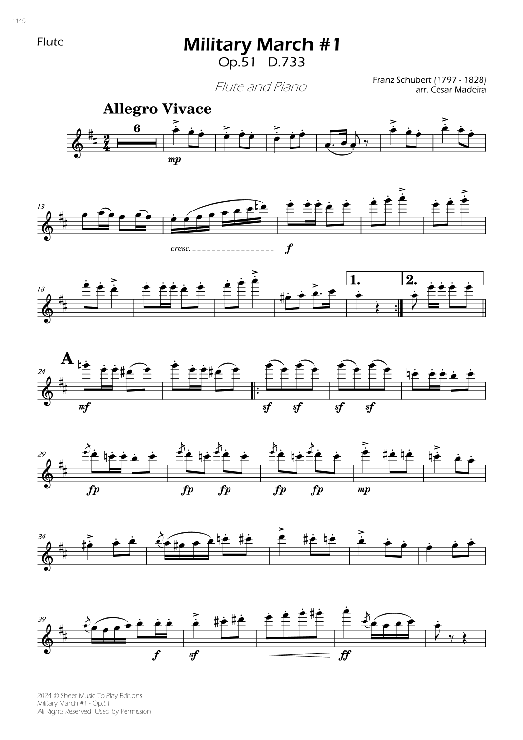 Military March No.1, Op.51 - Flute and Piano (Individual Parts) (arr. César Madeira)