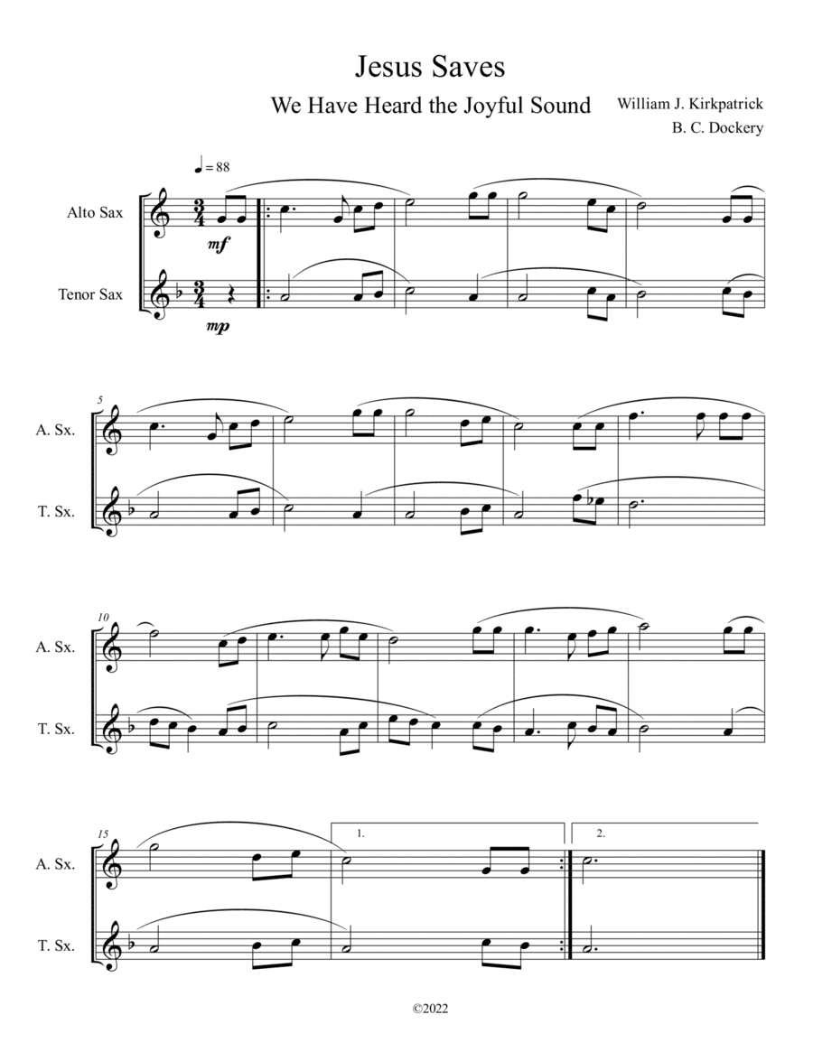 Jesus Saves (We Have Heard the Joyful Sound) Alto and Tenor Sax Duet (arr. B. C. Dockery)