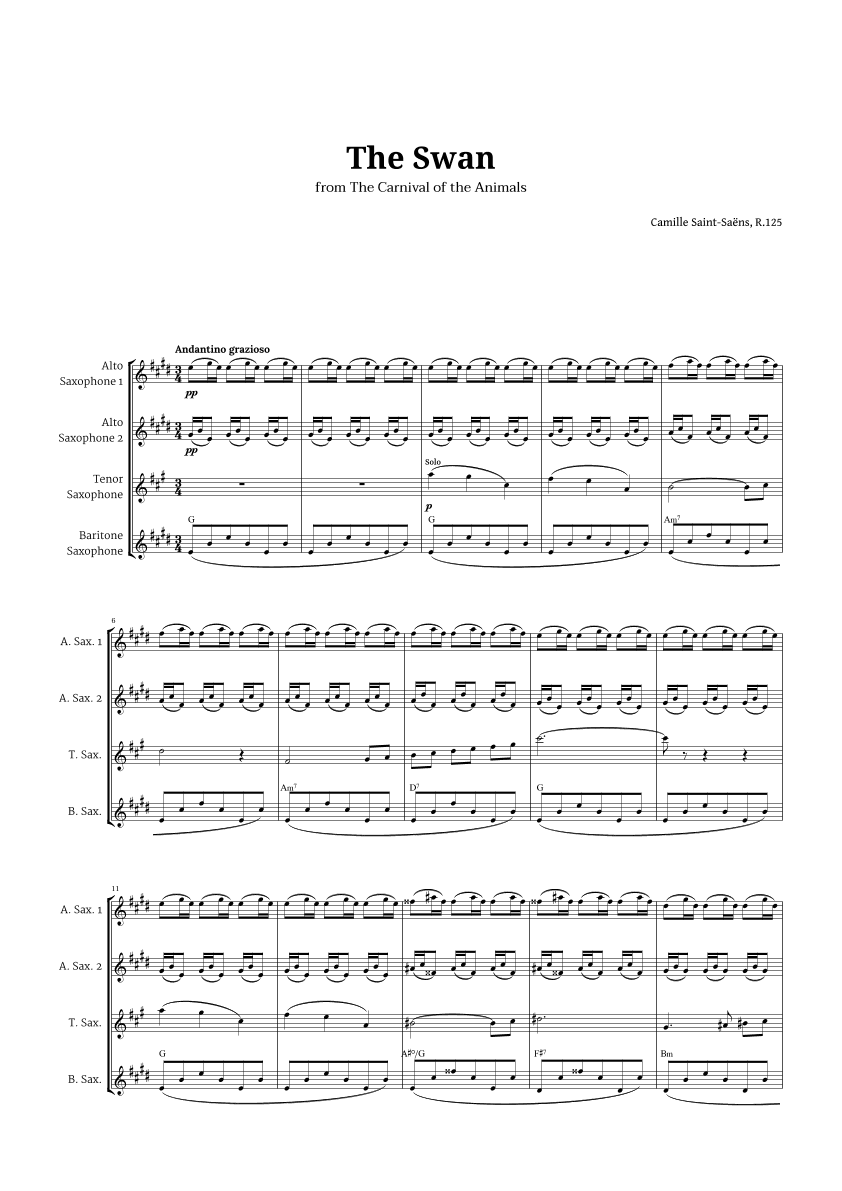 The Swan by Saint-Saëns for Sax Quartet AATB with Chords (arr. Langanho)
