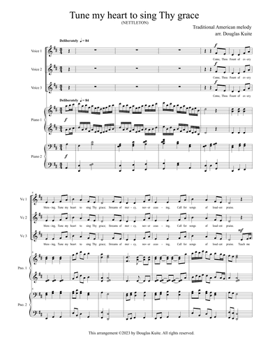 "Tune my heart to sing Thy grace" for 3-part choir and piano 4 hands (arr. Douglas Kuite)