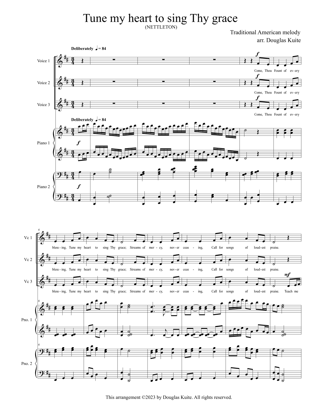 "Tune my heart to sing Thy grace" for 3-part choir and piano 4 hands (arr. Douglas Kuite)