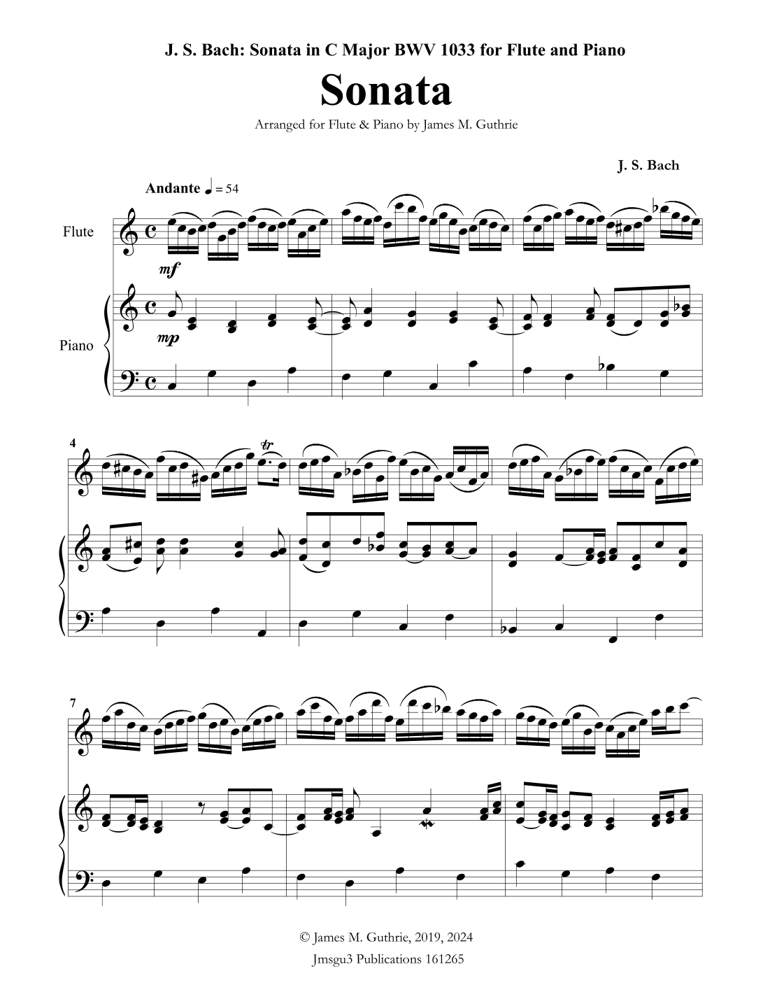 BACH: Sonata in C Major BWV 1033 for Flute & Piano (arr. James Guthrie, ASCAP)