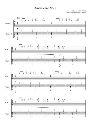 Gnossienne No. 1 for 2 guitars (Tab) (arr. Juan Carlos Felix Cordova)