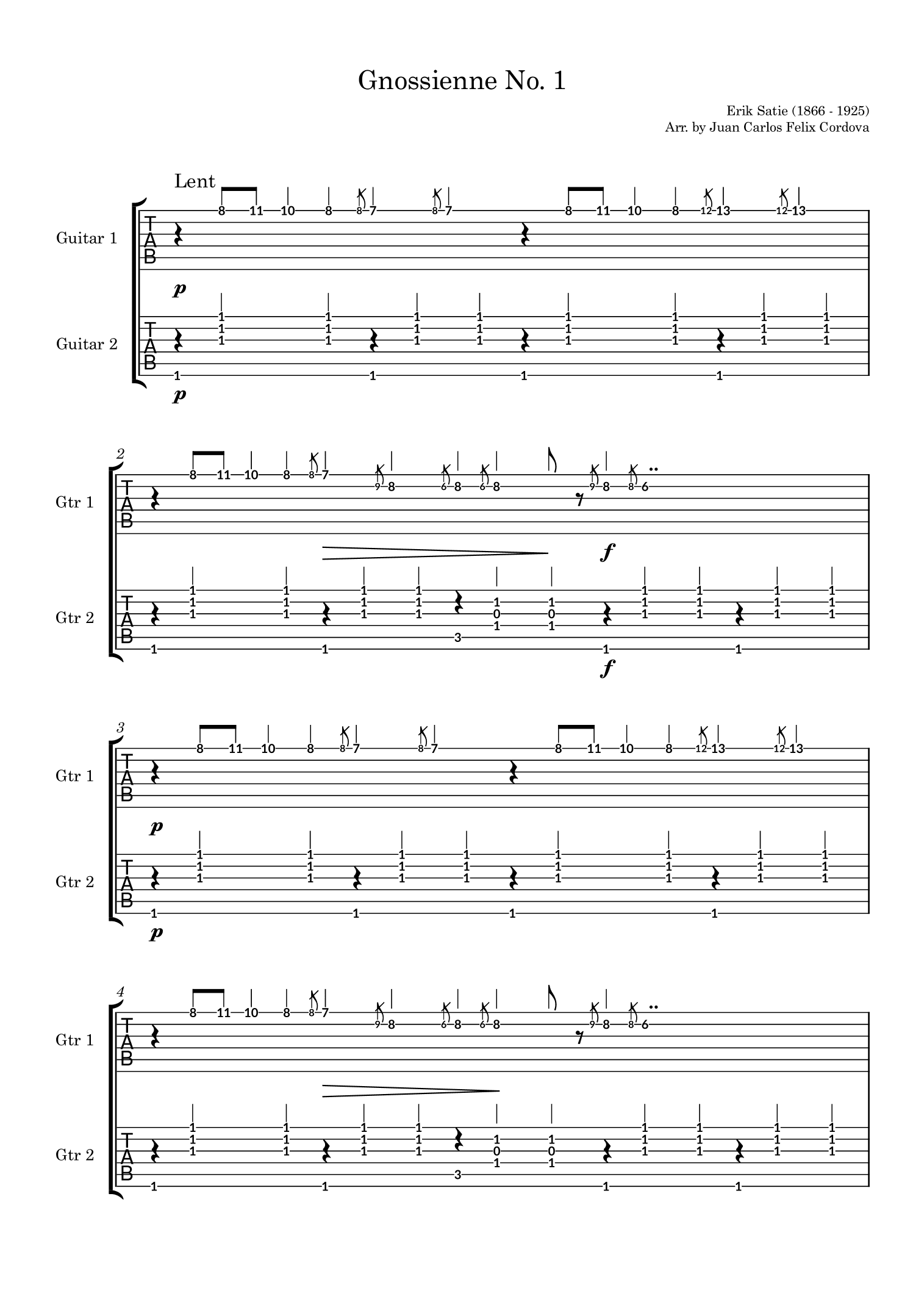 Gnossienne No. 1 for 2 guitars (Tab) (arr. Juan Carlos Felix Cordova)