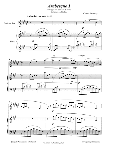 Debussy: Arabesque 1 for Baritone Sax & Piano (arr. James Guthrie, ASCAP)