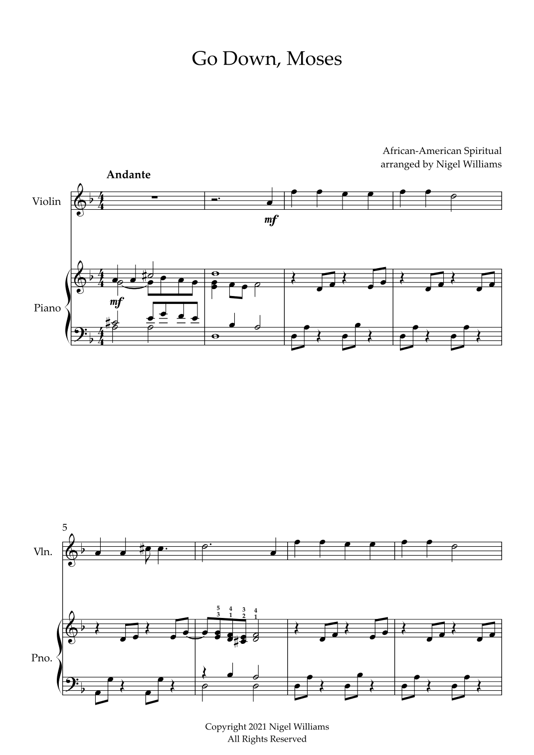 Go Down, Moses, for Violin and Piano (arr. Nigel Williams)