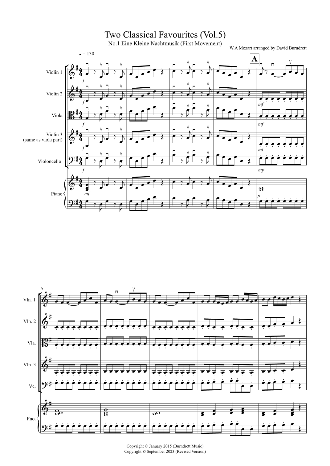 2 Classical Favourites for String Quartet (volume five) (arr. David Burndrett)