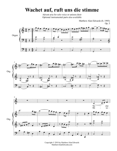 Op. 5 Aria: "Wachet auf, ruft uns die Stimme" (Vocal/Organ Score) (arr. Matthew Alan Edwards)