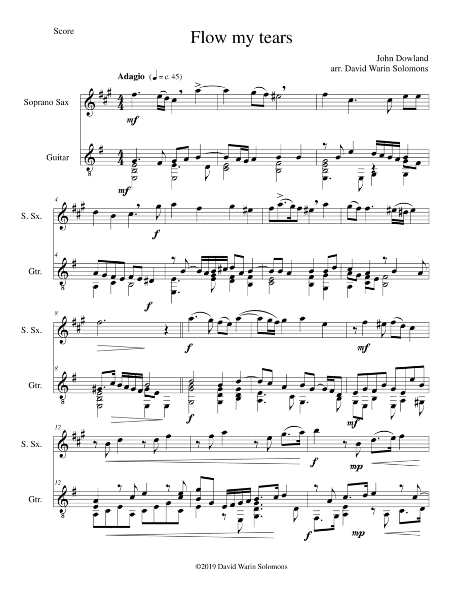 Flow my tears for soprano saxophone and guitar (without divisions) (arr. David Warin Solomons)