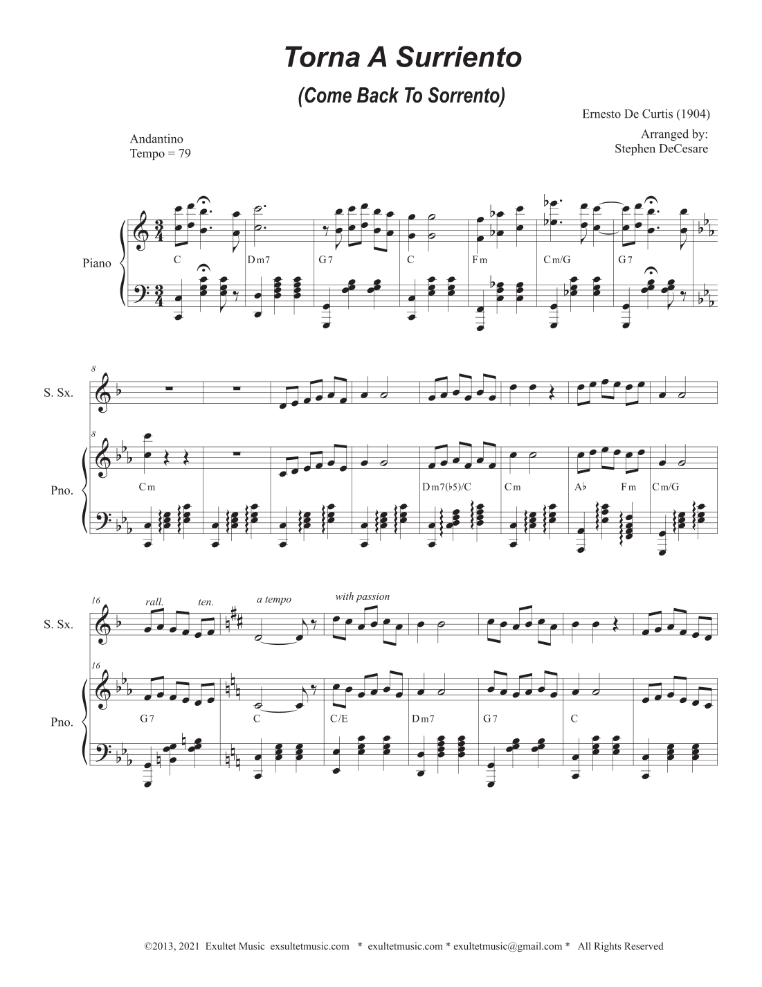 Torna A Surriento (Come Back to Sorrento) (Soprano Saxophone and Piano) (arr. Stephen DeCesare)