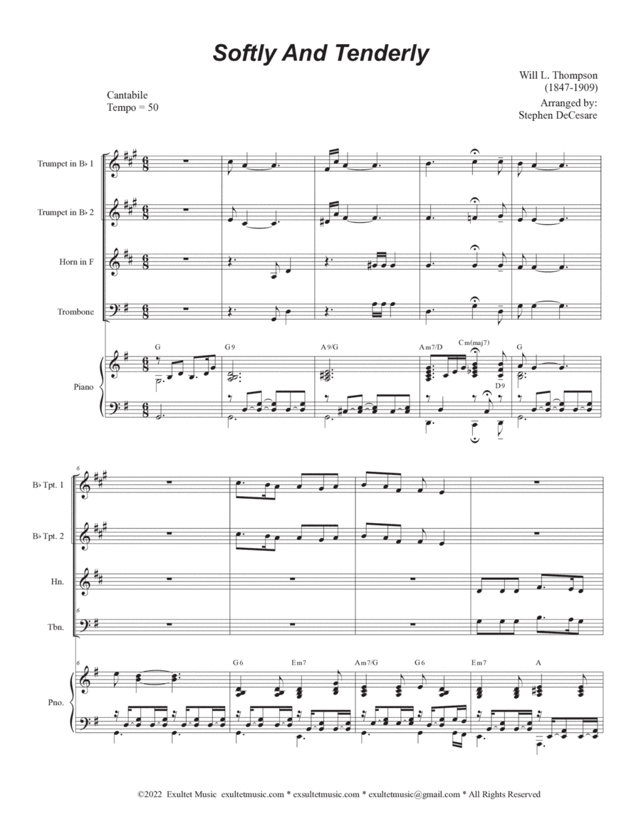 Softly And Tenderly (Brass Quartet and Piano) (arr. Stephen DeCesare)