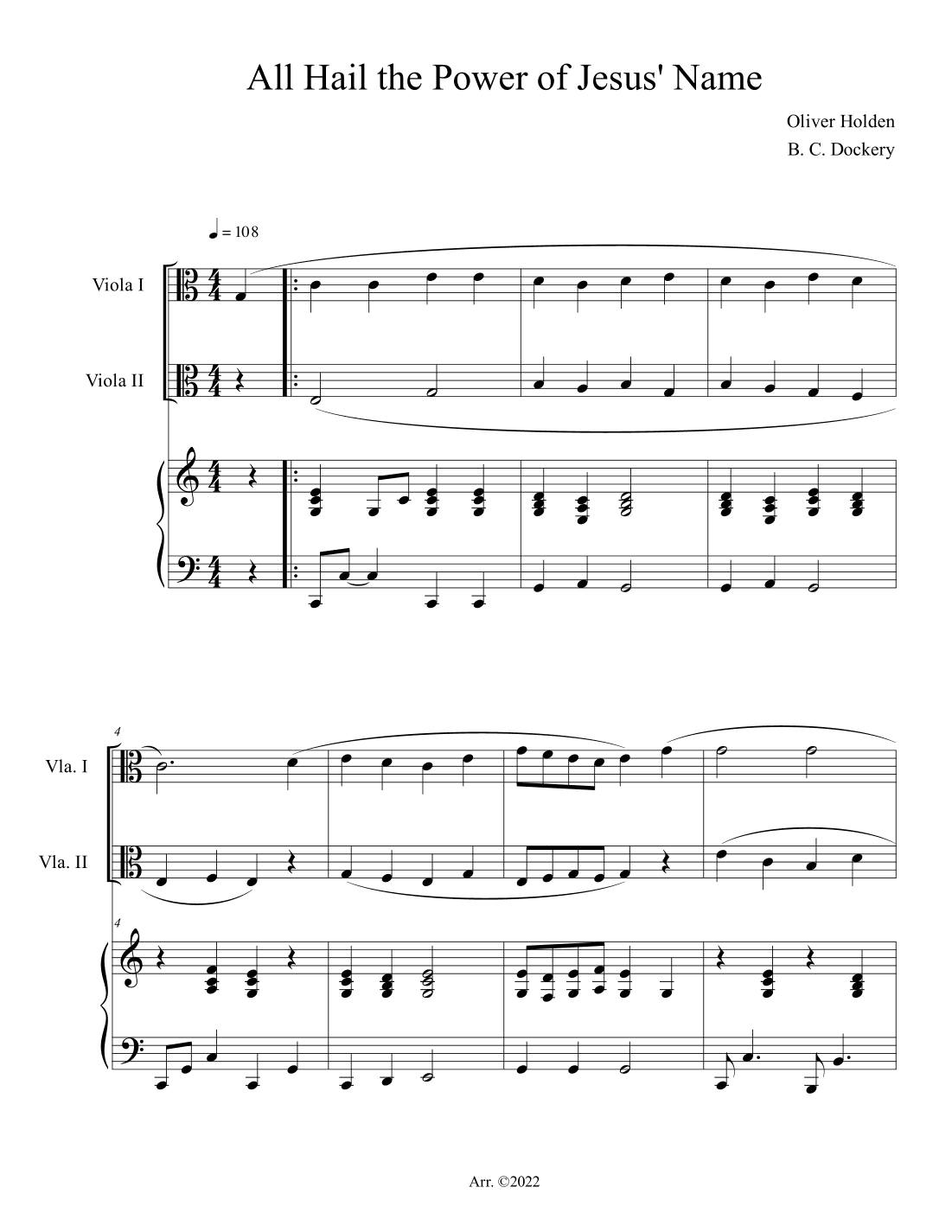All Hail the Power of Jesus' Name (Viola Duet with Piano Accompaniment) (arr. B. C. Dockery)