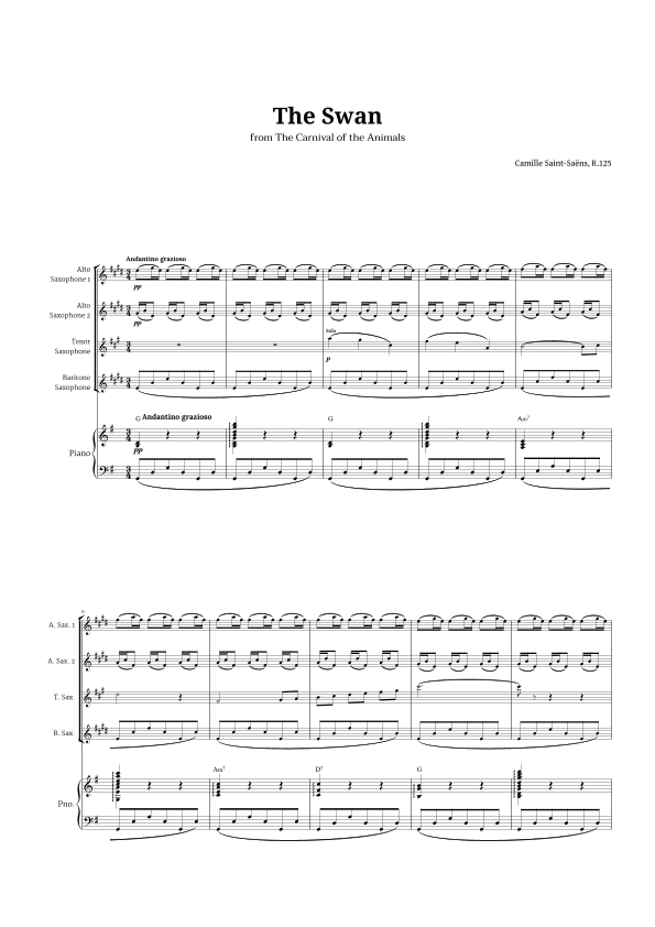 The Swan by Saint-Saëns for Sax Quartet AATB and Piano with Chords (arr. Langanho)