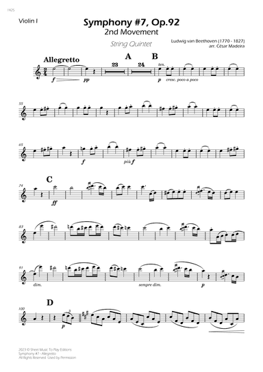 Symphony No.7, Op.92 - Allegretto - String Quintet (Individual Parts) (arr. César Madeira)