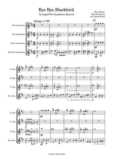 Bye Bye Blackbird for Saxophone Quartet (arr. James Smith)