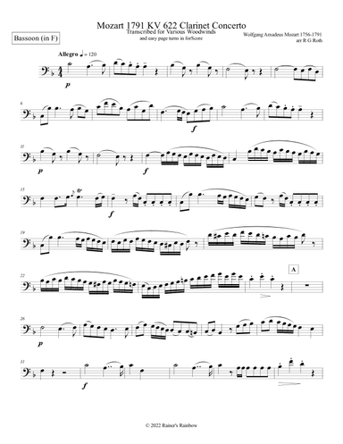 Mozart 1791 KV 622 Clarinet Concerto in F Bassoon Solo Part Only (arr. R G Roth)