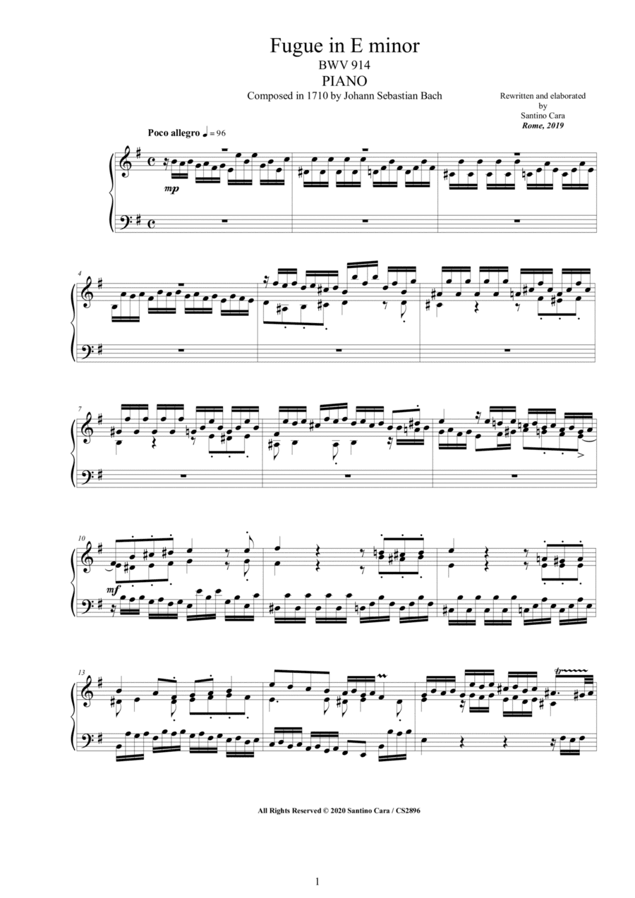 Bach - Fugue in E minor BWV 914 for Piano (arr. Santino Cara)