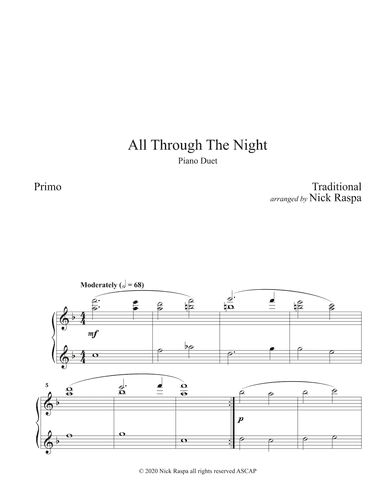 All Through The Night (1 piano 4 hands) Primo part (arr. Nick Raspa)