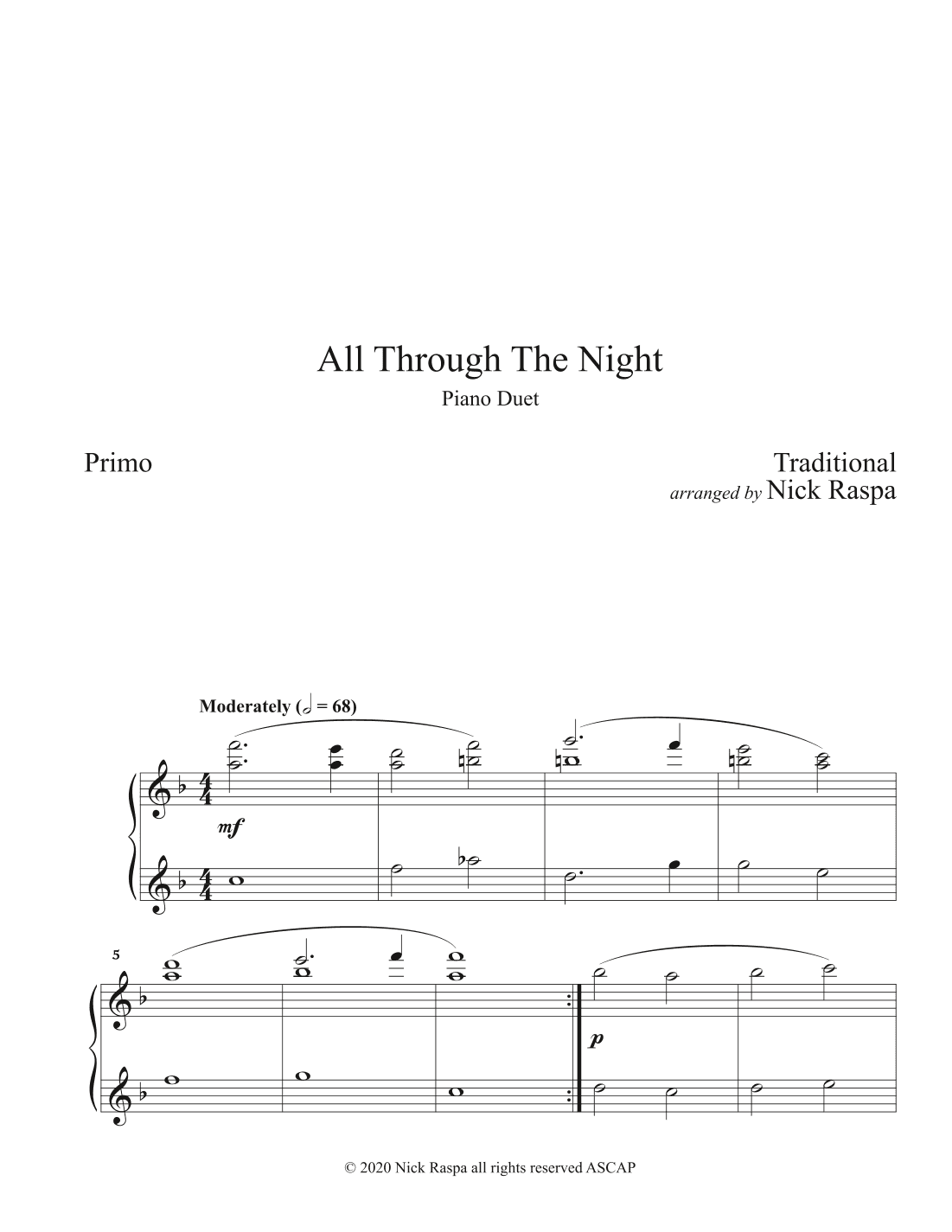 All Through The Night (1 piano 4 hands) Primo part (arr. Nick Raspa)