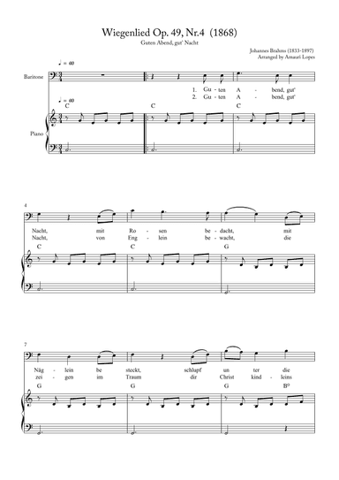 Wiegenlied Op. 49, Nr.4  (1868) - Lullaby - Key C (arr. Amauri Lopes)