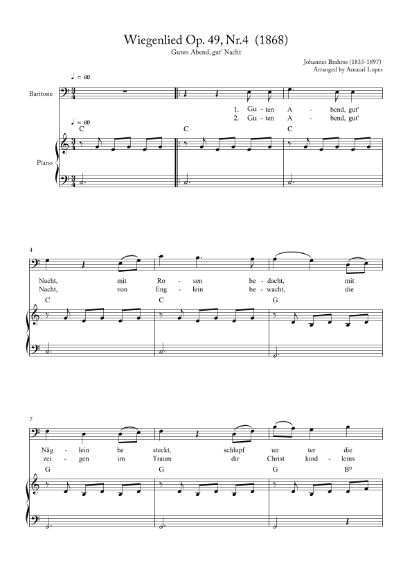 Wiegenlied Op. 49, Nr.4  (1868) - Lullaby - Key C (arr. Amauri Lopes)