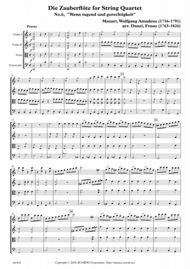 "Die Zauberflöte" for String Quartet, No.6, "Wenn tugend und gerechtigkeit" (arr. Danzi, Franz Ignaz  (1763-1826))