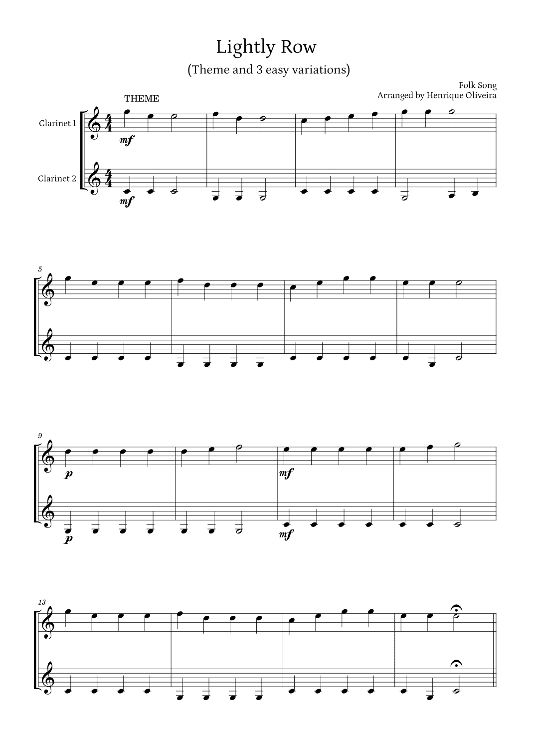 Lightly Row (Theme with 3 Easy Variations) - For Clarinet Duet (arr. Henrique Oliveira)
