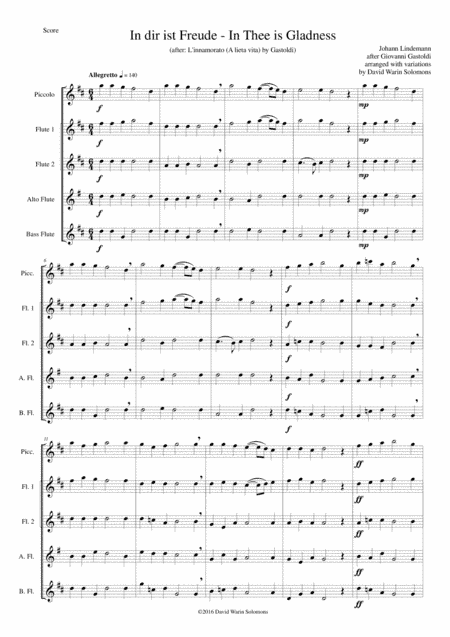 In dir ist Freude (In Thee is gladness) for flute quintet (piccolo, 2 flutes, alto and bass flutes) (arr. Johann Lindemann, David Warin Solomons)