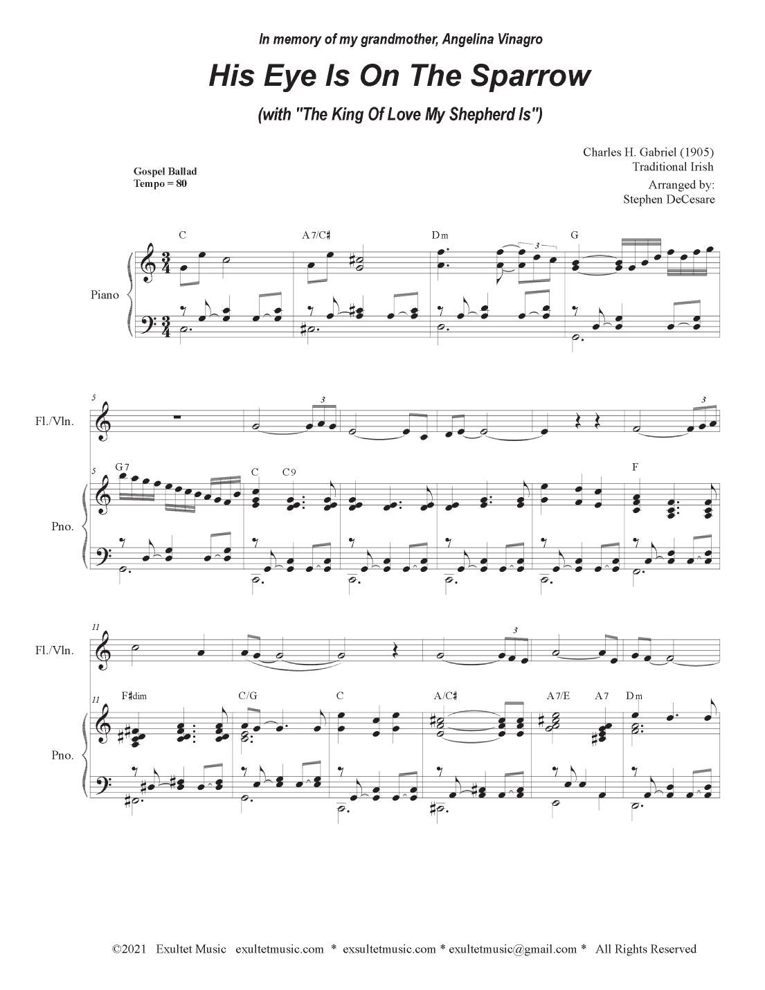 His Eye Is On The Sparrow (with "The King Of Love My Shepherd Is") (Flute or Violin solo and Piano) (arr. Stephen DeCesare)