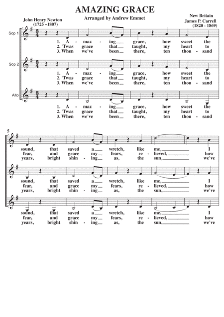 Amazing Grace A Cappella SSA (arr. Andrew Emmet)