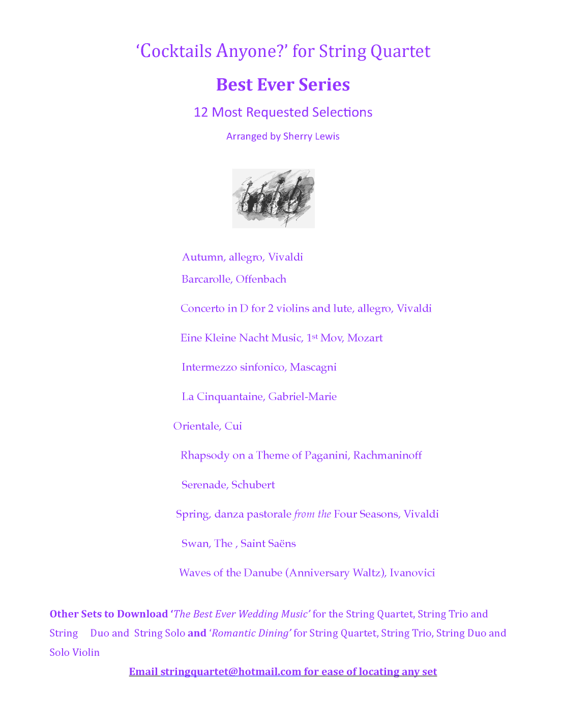STRING QUARTET  MUSIC COLLECTION SET 12 SELECTIONS  FOR  COCKTAIL TIME AND RECEPTIONS (arr. Sherry Lewis)