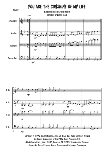 You Are The Sunshine Of My Life (arr. Darren Lloyd)