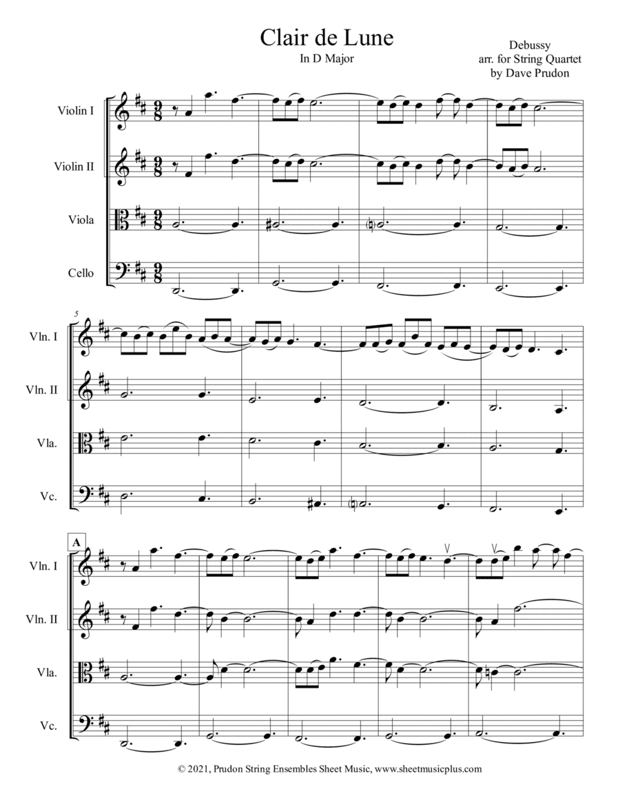 Clair De Lune in D Major for String Quartet (arr. Dave Prudon)